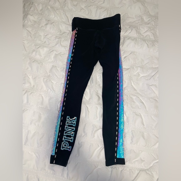 Victoria’s Secret PINK Bling Mermaid Sequin Logo Black Leggings Y2K multicolor 🩷 - Picture 3 of 11
